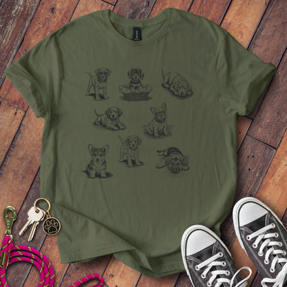 Cute Puppies Pattern Green Color T-Shirt Product