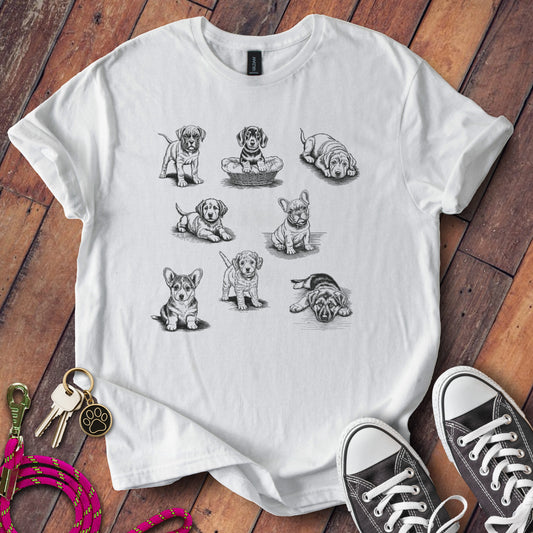 Cute Puppy Illustrations on White Tee Shirt product