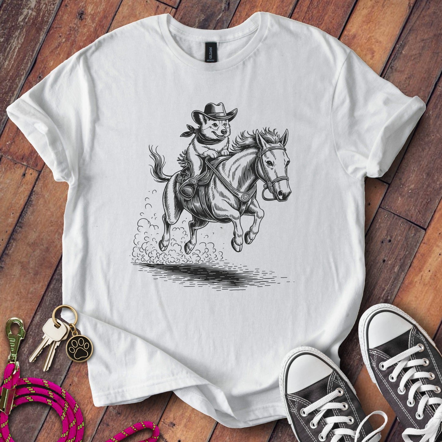 Playful Cowboy Cat Riding Horse Illustration Shirt product