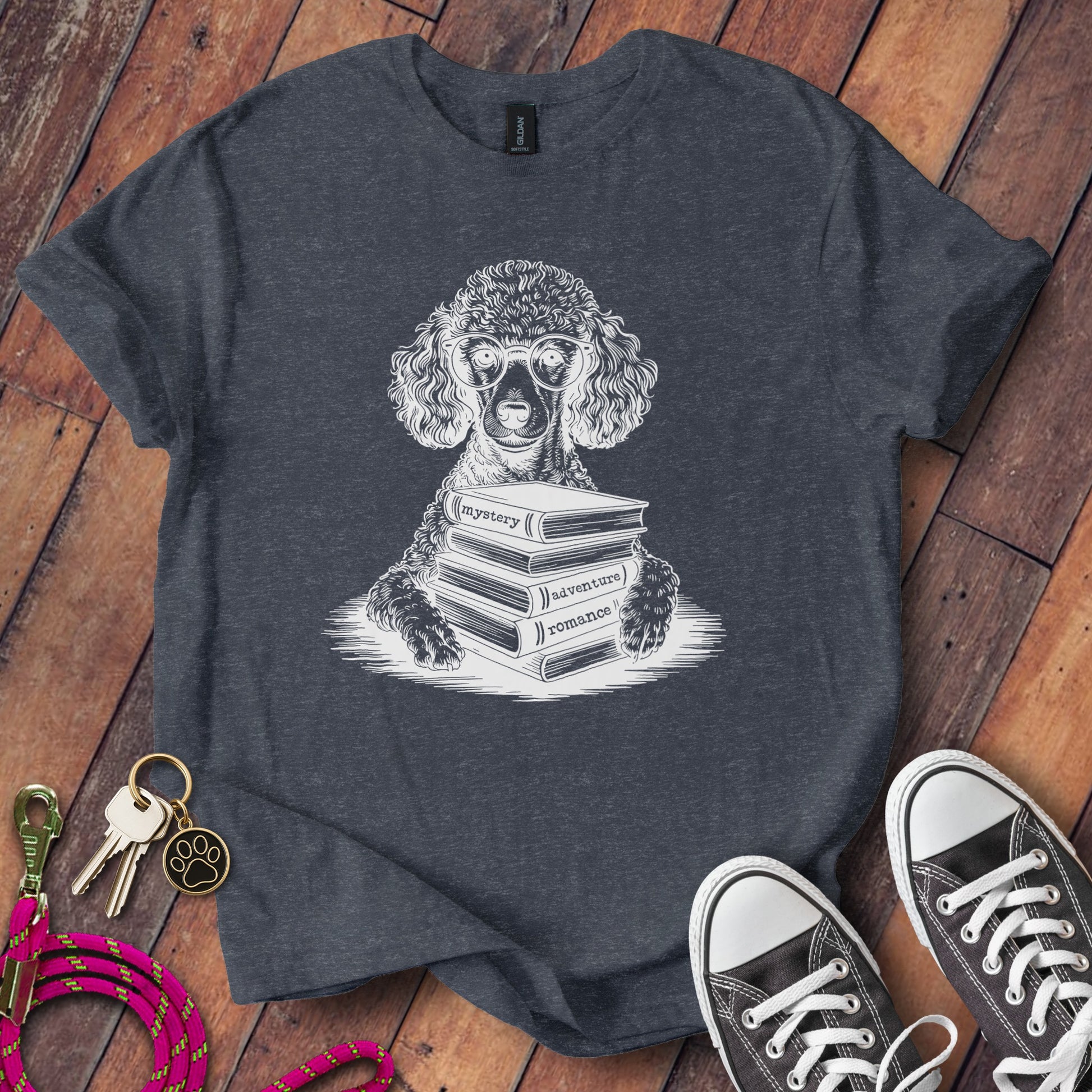 Poodle with Glasses Reading Books Graphic T-Shirt product