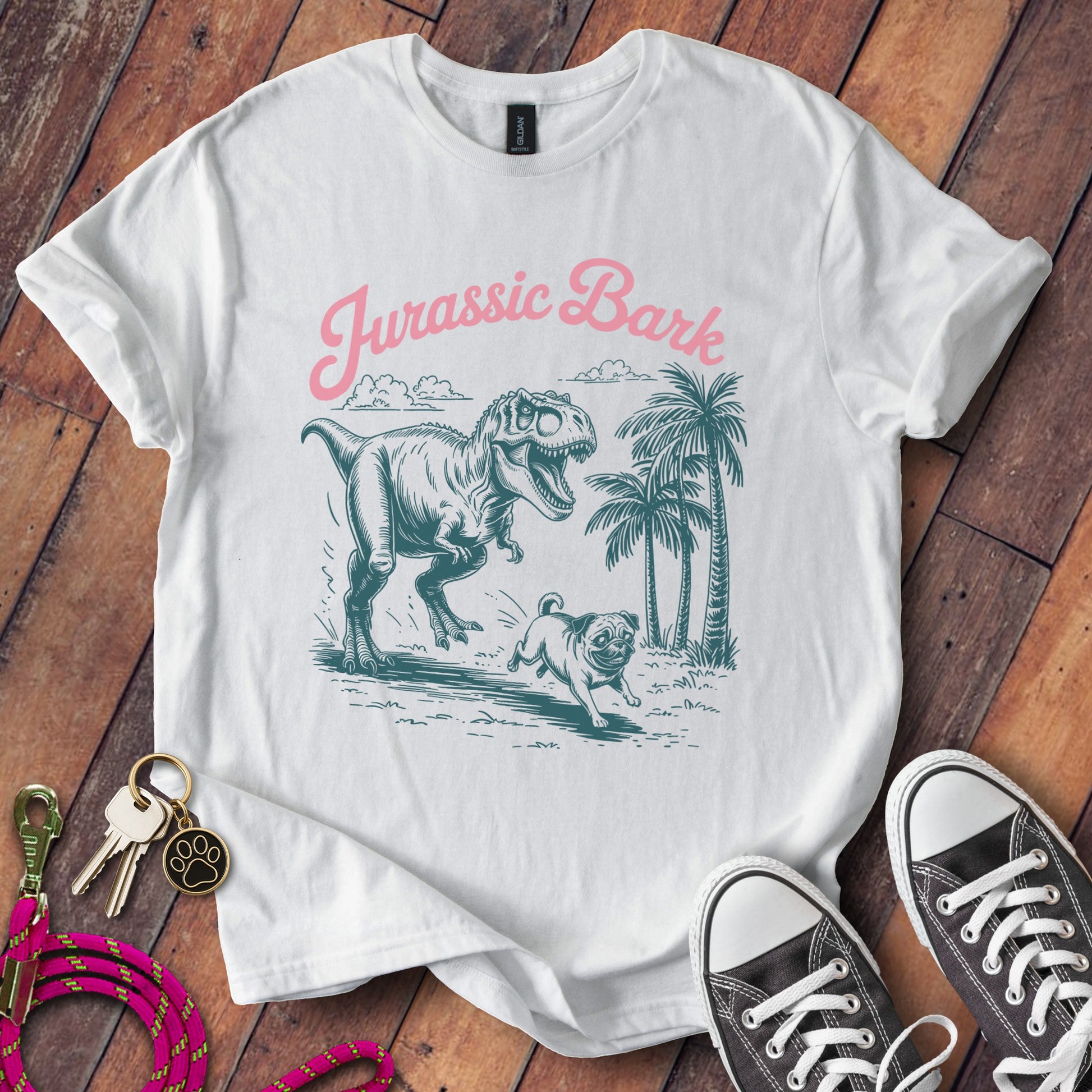 Fun Jurassic Bark Dinosaur and Dog Graphic T-Shirt product